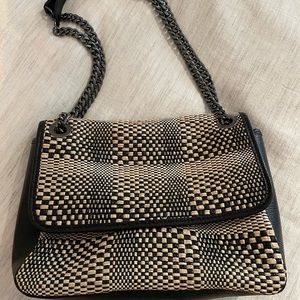 Genuine leather & straw shoulder bag